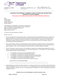 Construction Project Certification Letter for AER Reviews Architects &amp; Engineers - New York