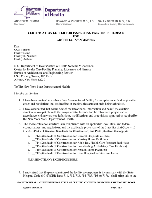 Certification Letter for Inspecting Existing Buildings for Architects / Engineers - New York Download Pdf