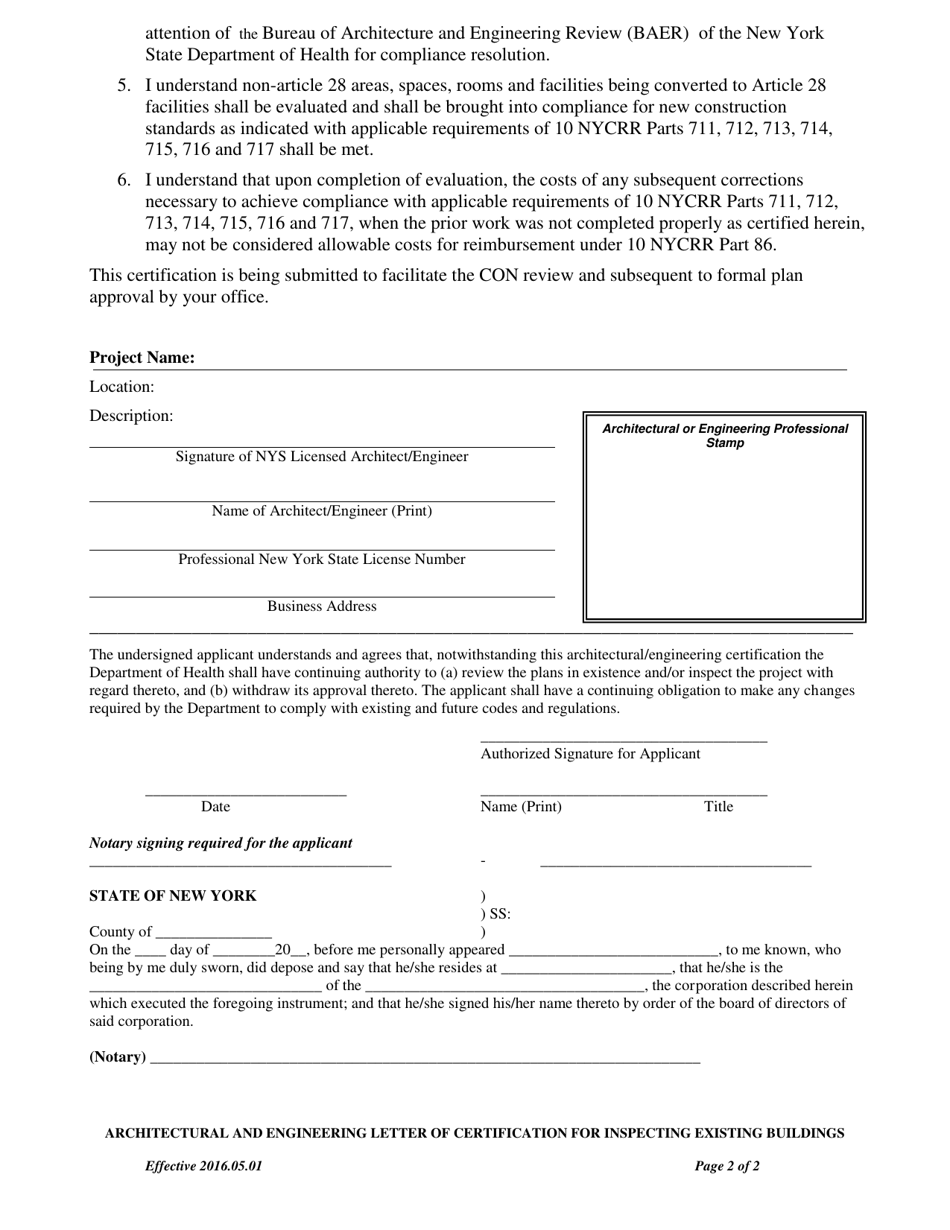 Certification Letter for Inspecting Existing Buildings for Architects / Engineers - New York, Page 2