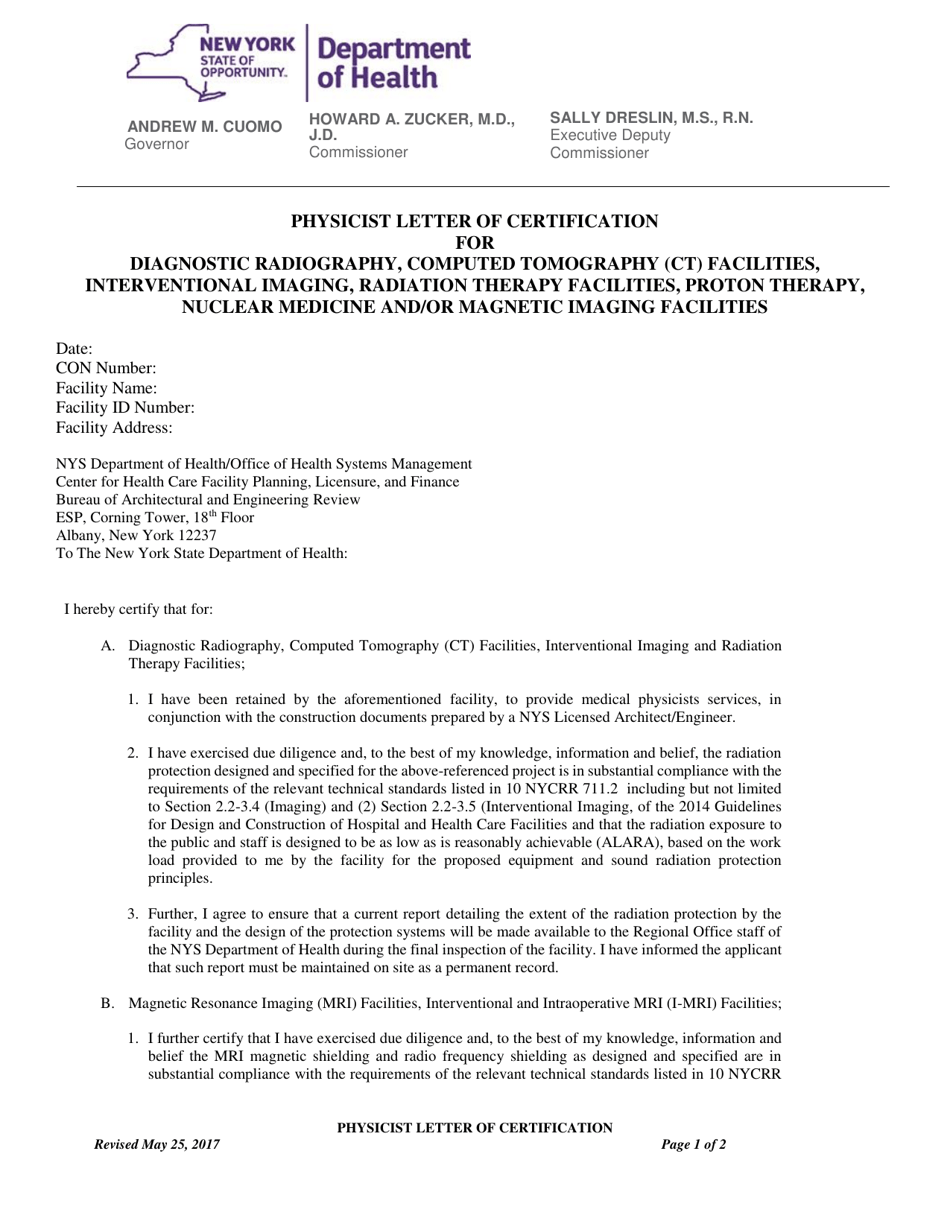 Physicist Letter of Certification for Diagnostic Radiography, Computed Tomography (Ct) Facilities, Interventional Imaging, Radiation Therapy Facilities, Proton Therapy, Nuclear Medicine and / or Magnetic Imaging Facilities - New York, Page 1