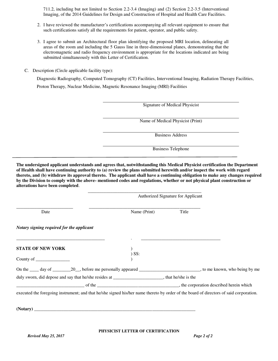 Physicist Letter of Certification for Diagnostic Radiography, Computed Tomography (Ct) Facilities, Interventional Imaging, Radiation Therapy Facilities, Proton Therapy, Nuclear Medicine and / or Magnetic Imaging Facilities - New York, Page 2