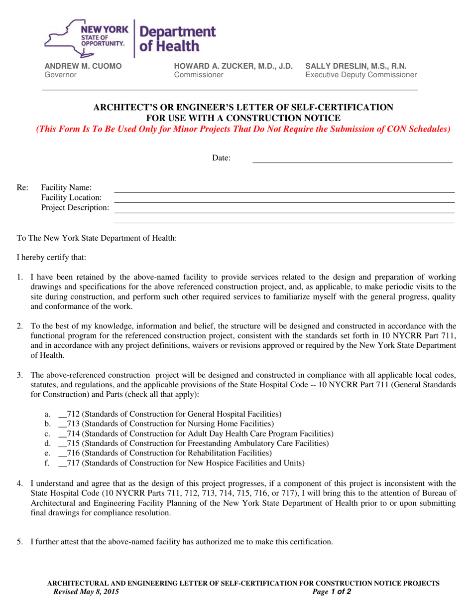Architects or Engineers Letter of Self-certification for Use With a Construction Notice - New York, Page 1