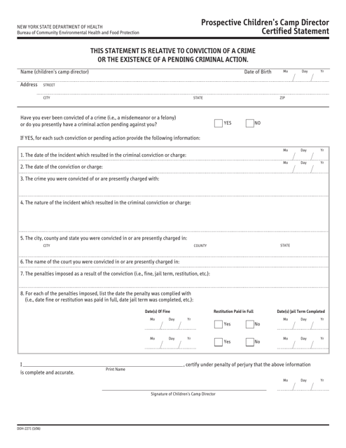 Form DOH-2271 Prospective Children's Camp Director Certified Statement - New York