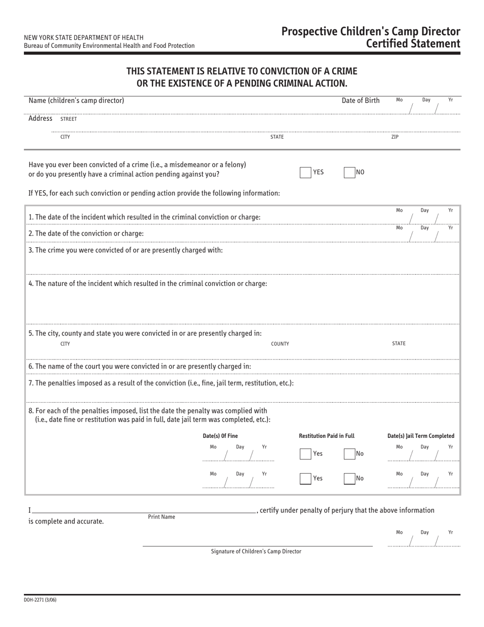 Form DOH-2271 Prospective Childrens Camp Director Certified Statement - New York, Page 1