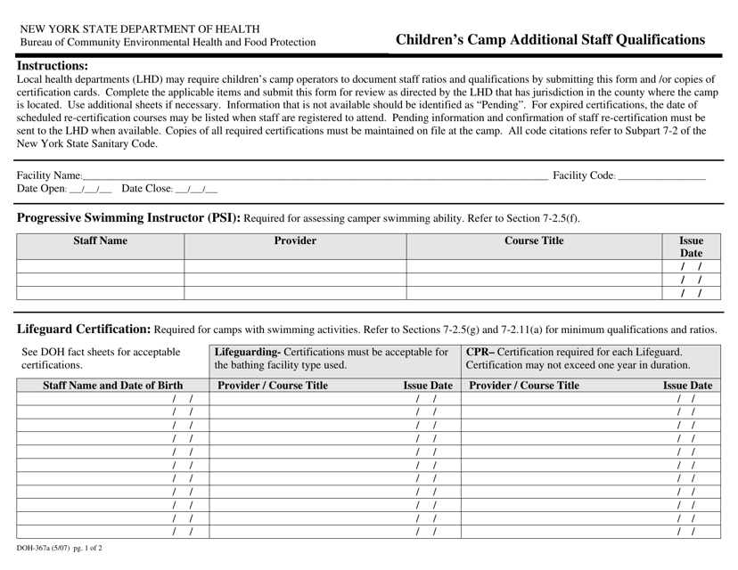 Form DOH-367A Children's Camp Additional Staff Qualifications - New York