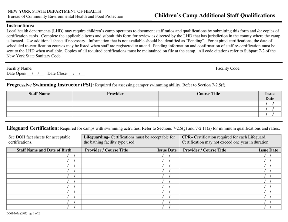 Form DOH-367A Childrens Camp Additional Staff Qualifications - New York, Page 1