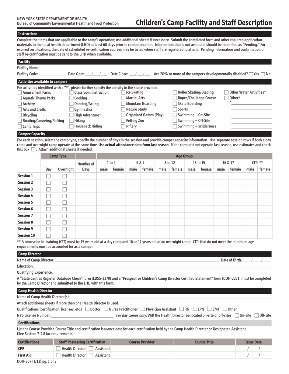 Form Doh-367 - Fill Out, Sign Online And Download Printable Pdf, New 