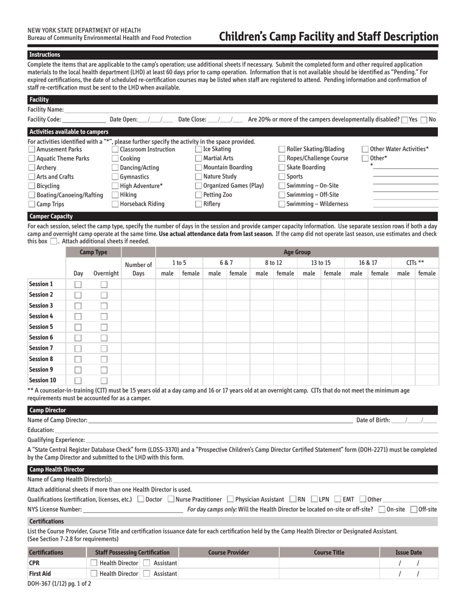 Form DOH-367 Childrens Camp Facility and Staff Description - New York, Page 1