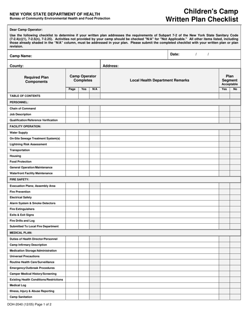 Form DOH-2040 Children's Camp Written Plan Checklist - New York