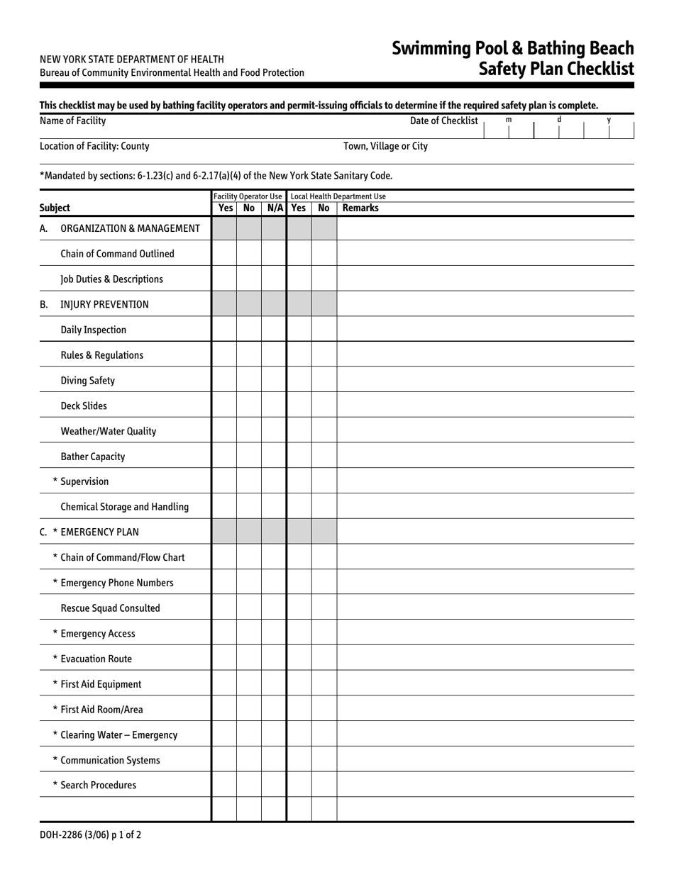 Form DOH-2286 Swimming Pool  Bathing Beach Safety Plan Checklist - New York, Page 1