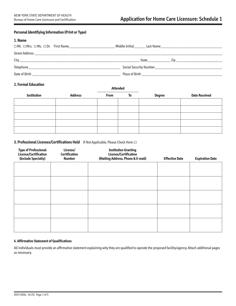 Form DOH-1056C Schedule 1 Application for Home Care Licensure - New York, Page 1