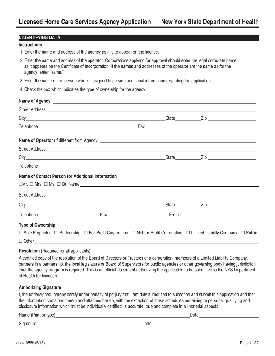 Form DOH-1056B Licensed Home Care Services Agency Application - New York, Page 1