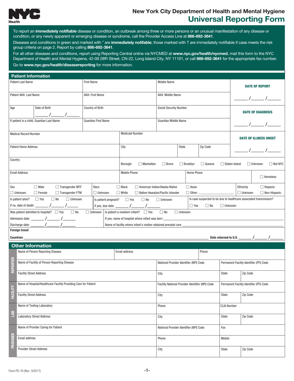 Form PD-16 Universal Reporting Form - New York City, Page 1