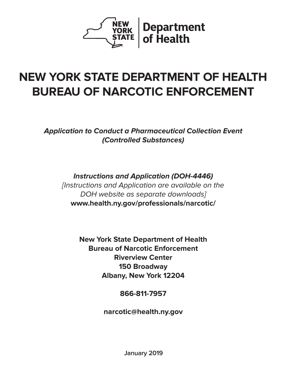 Form DOH-4446 Application to Conduct a Pharmaceutical Collection Event (Controlled Substances) - New York, Page 1