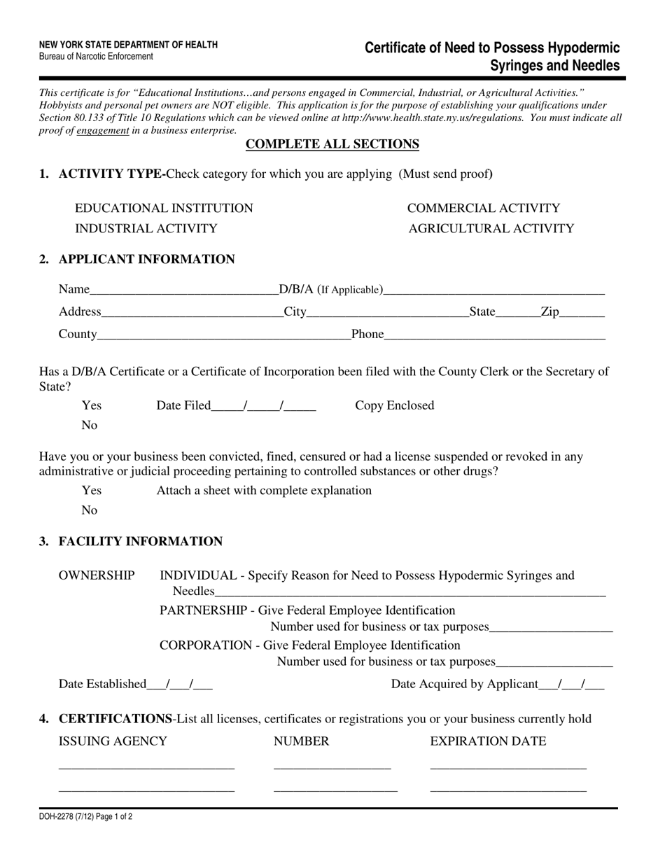 Form DOH-2278 Certificate of Need to Possess Hypodermic Syringes and Needles - New York, Page 1