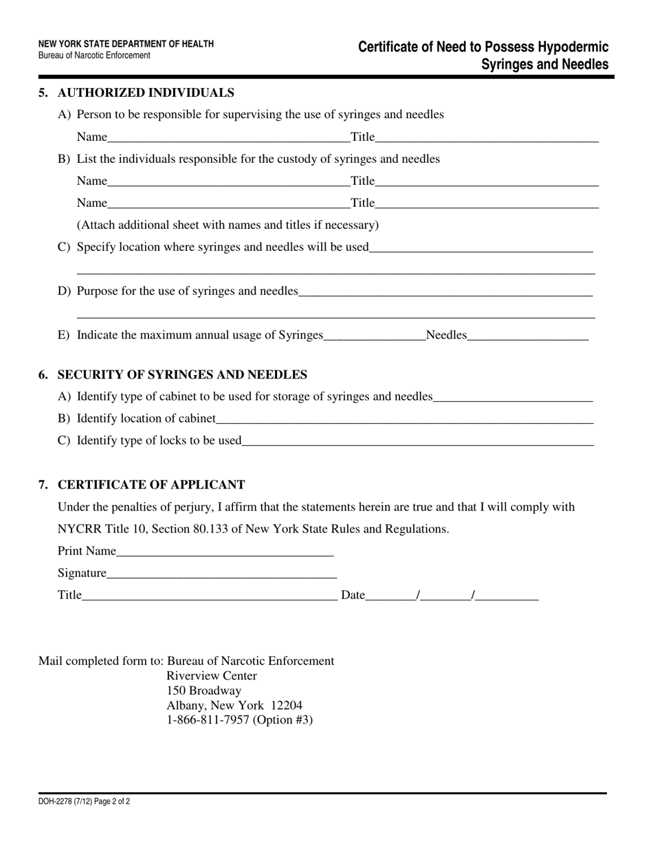 Form DOH-2278 - Fill Out, Sign Online and Download Printable PDF, New ...