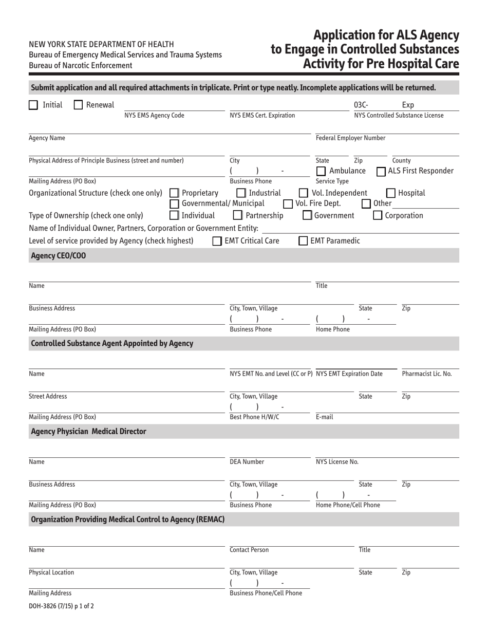 Form DOH-3826 Application for Als Agency to Engage in Controlled Substances Activity for Pre Hospital Care - New York, Page 1