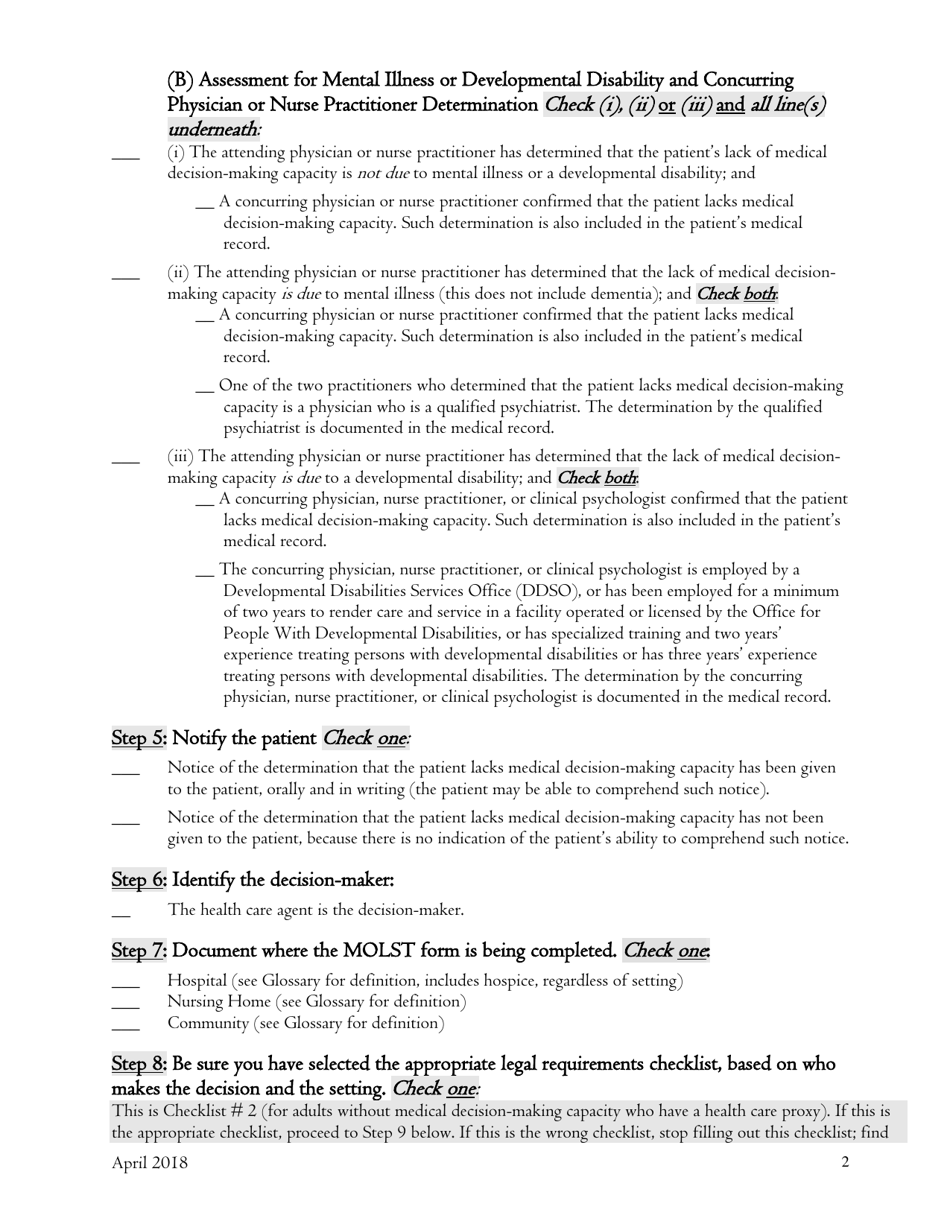 Checklist #2 Adult Patients Without Medical Decision-Making Capacity Who Have a Health Care Proxy (Any Setting) - New York, Page 2