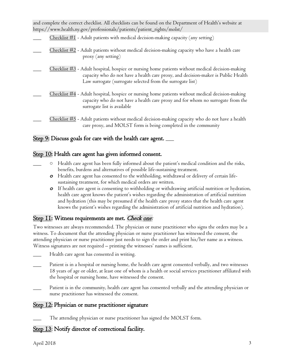 Checklist #2 Adult Patients Without Medical Decision-Making Capacity Who Have a Health Care Proxy (Any Setting) - New York, Page 3