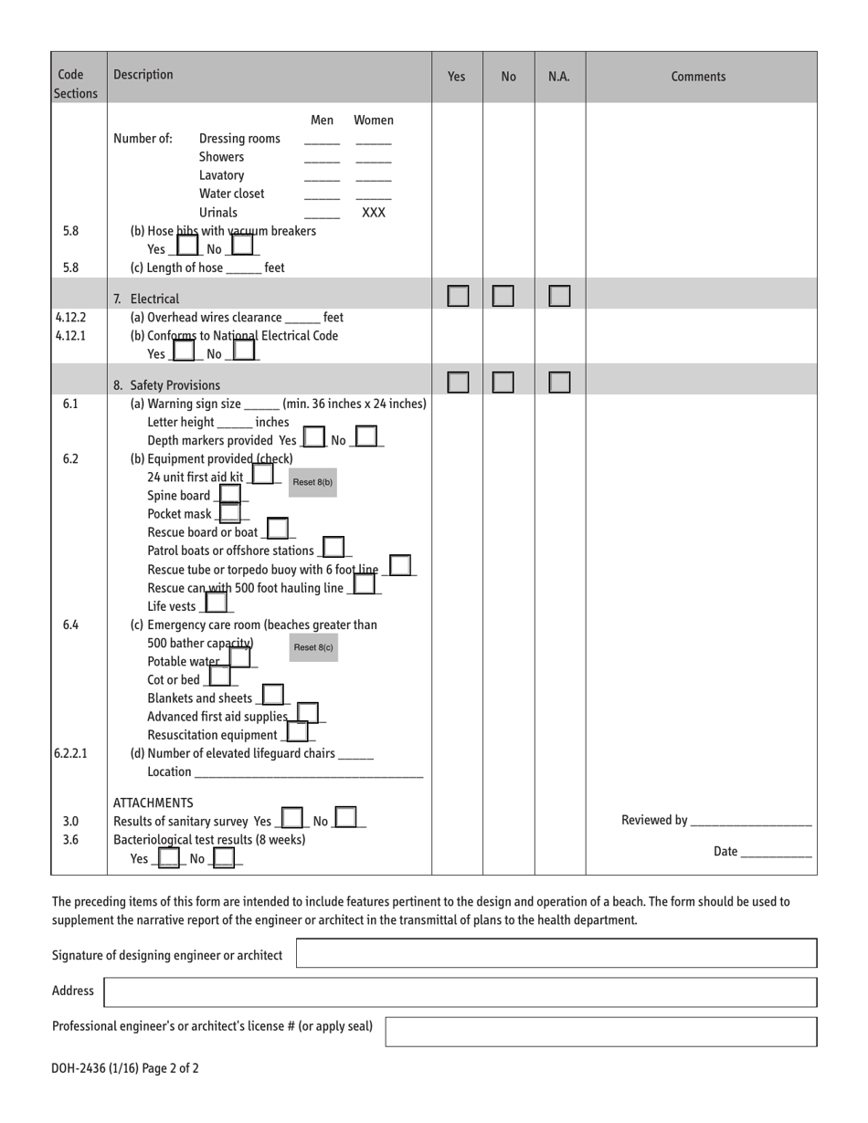 Form DOH-2436 Engineering Report for Bathing Beaches - New York, Page 2