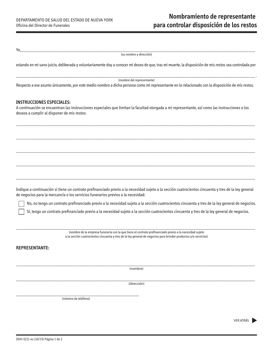 Formulario DOH-5211-ES Nombramiento De Representante Para Controlar Disposicion De Los Restos - New York (Spanish), Page 1