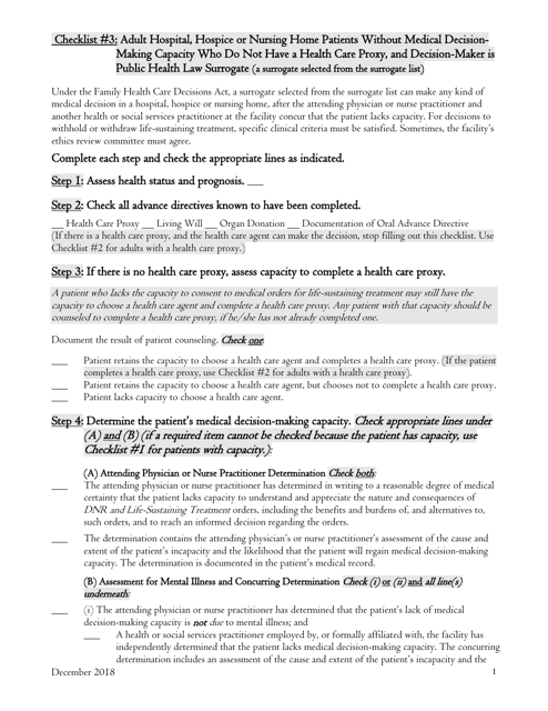"Checklist #3: Adult Hospital, Hospice or Nursing Home Patients Without Medical Decisionmaking Capacity Who Do Not Have a Health Care Proxy, and Decision-Maker Is Public Health Law Surrogate (A Surrogate Selected From the Surrogate List)" - New York Download Pdf