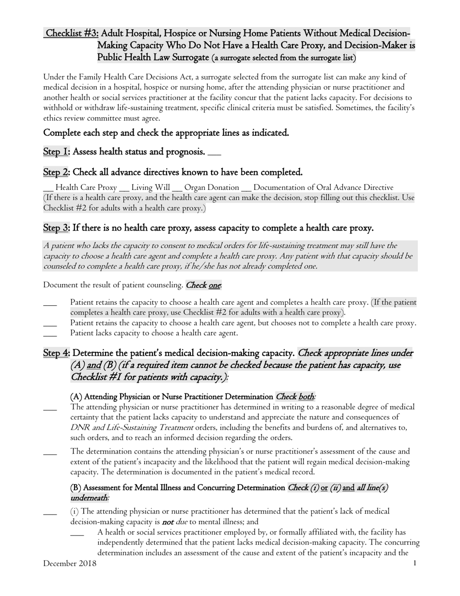 Checklist #3: Adult Hospital, Hospice or Nursing Home Patients Without Medical Decisionmaking Capacity Who Do Not Have a Health Care Proxy, and Decision-Maker Is Public Health Law Surrogate (A Surrogate Selected From the Surrogate List) - New York, Page 1
