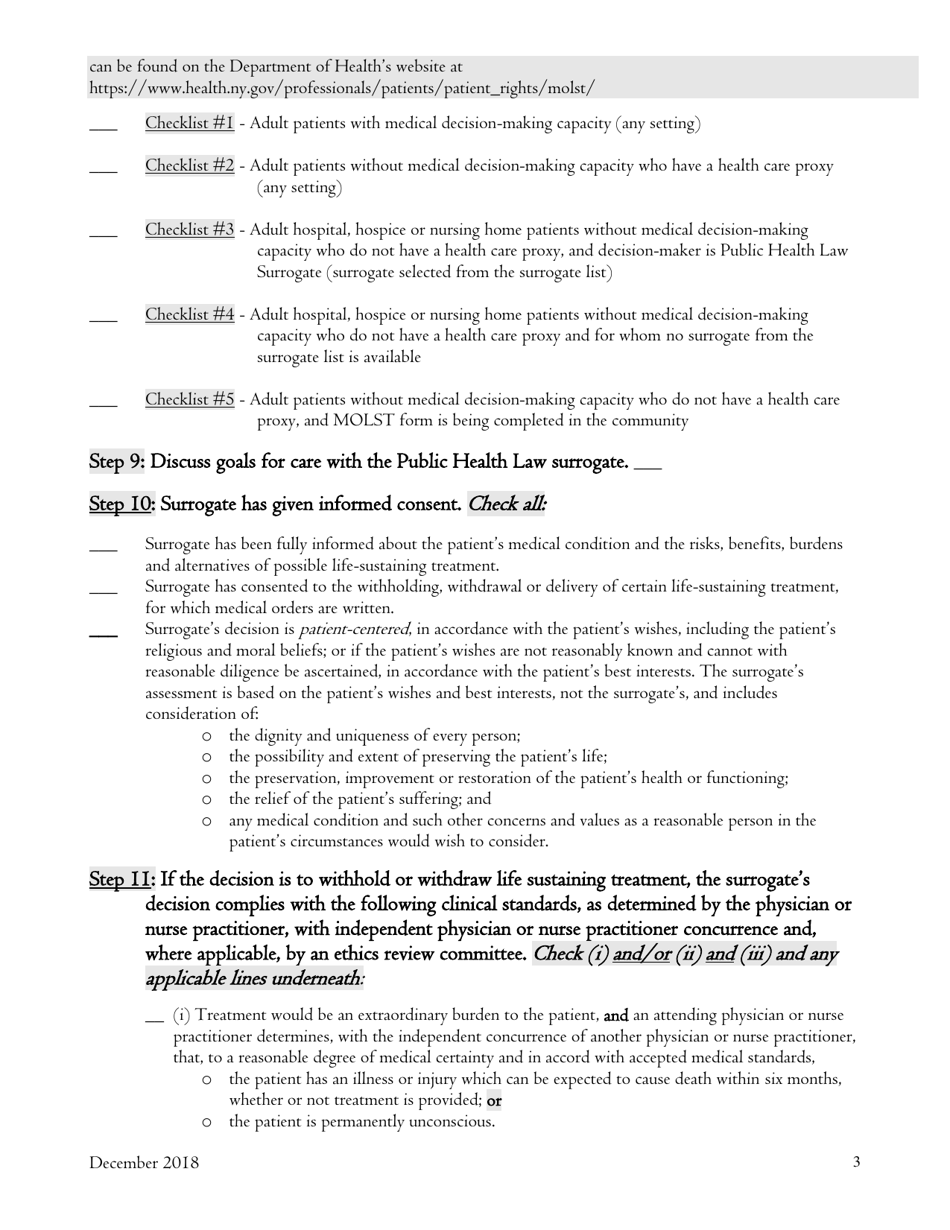 Checklist #3: Adult Hospital, Hospice or Nursing Home Patients Without Medical Decisionmaking Capacity Who Do Not Have a Health Care Proxy, and Decision-Maker Is Public Health Law Surrogate (A Surrogate Selected From the Surrogate List) - New York, Page 3
