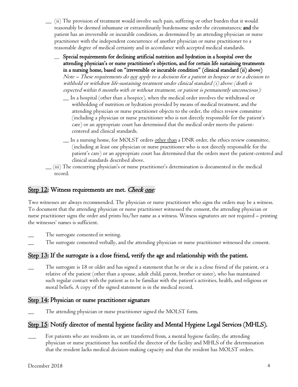 Checklist #3: Adult Hospital, Hospice or Nursing Home Patients Without Medical Decisionmaking Capacity Who Do Not Have a Health Care Proxy, and Decision-Maker Is Public Health Law Surrogate (A Surrogate Selected From the Surrogate List) - New York, Page 4