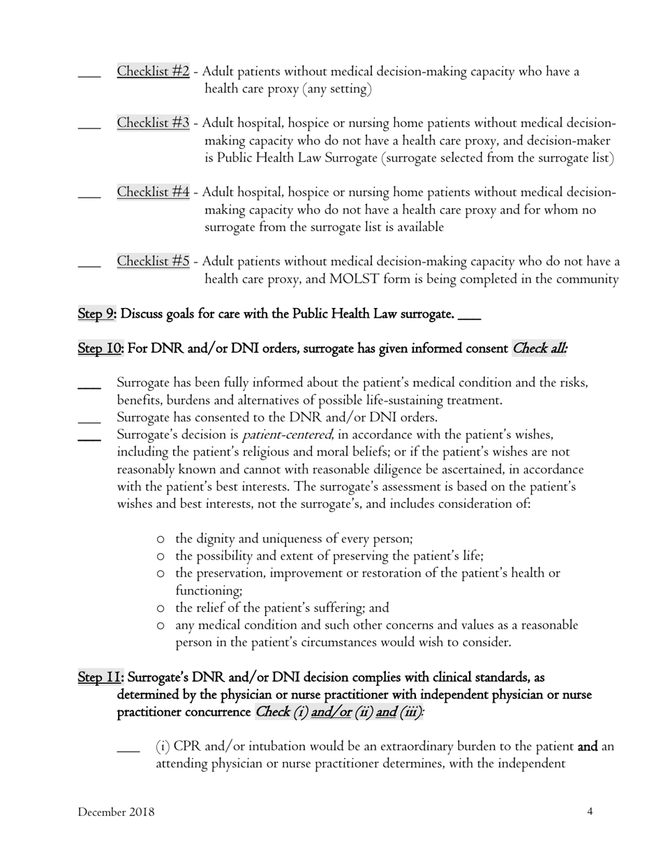 Checklist 5: Adult Patients Without Medical Decision-Making Capacity Who Do Not Have a Health Care Proxy, and Molst Form Is Being Completed in the Community - New York, Page 4