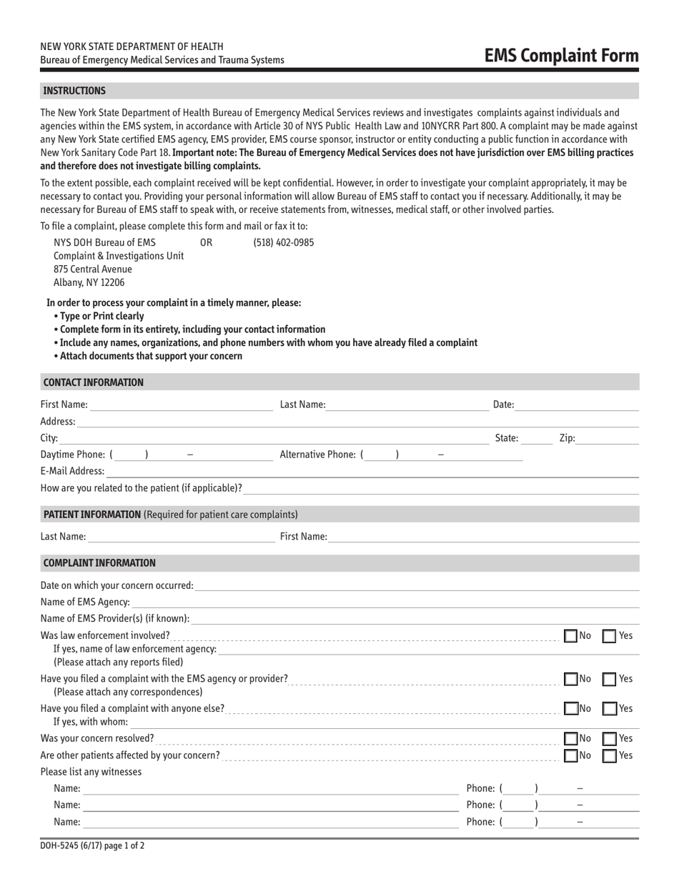 Form DOH-5245 EMS Complaint Form - New York, Page 1