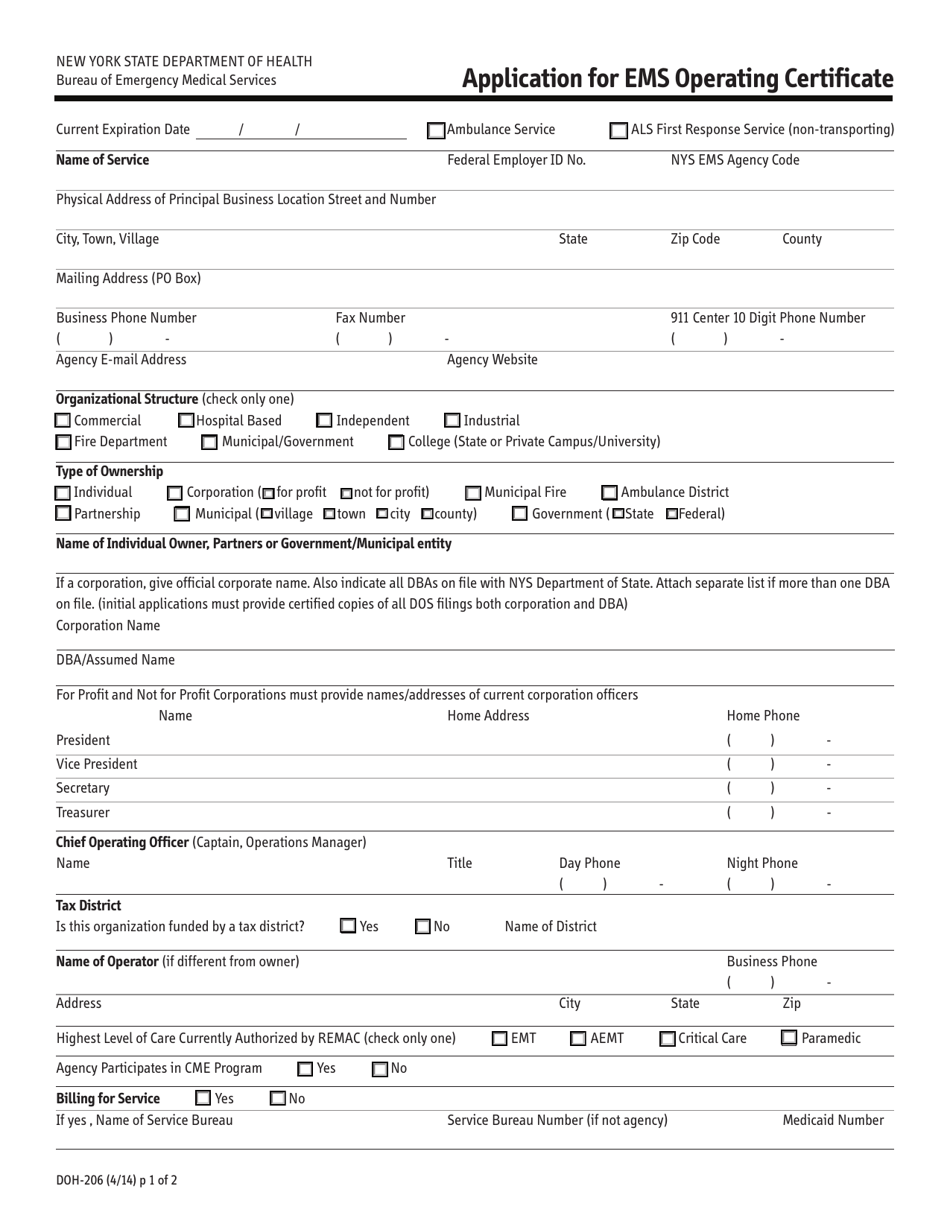 Form DOH-206 Application for EMS Operating Certificate - New York, Page 1