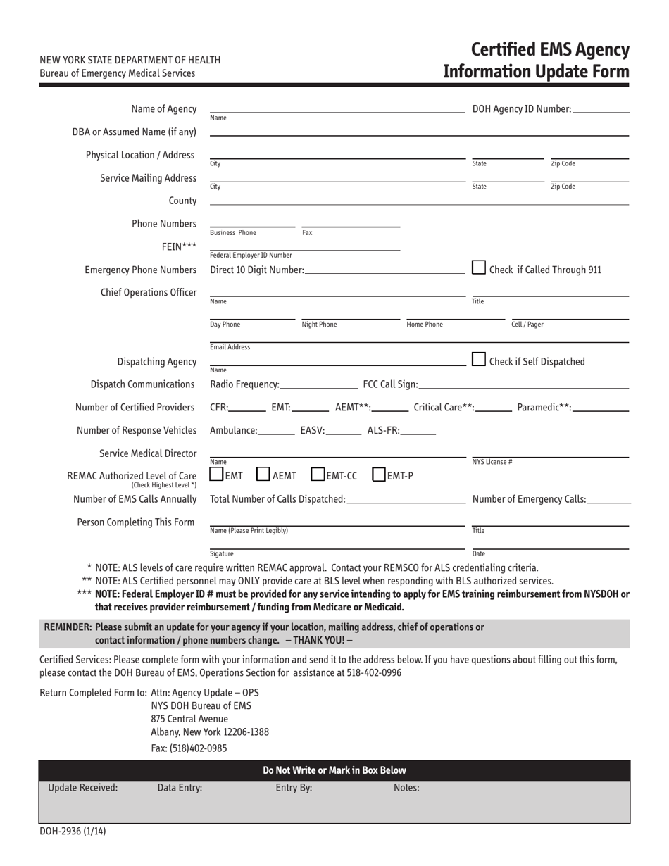 Form DOH-2936 Certified EMS Agency Information Update Form - New York, Page 1