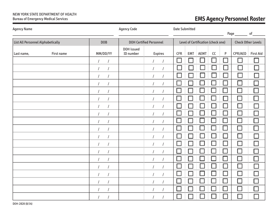 Form DOH-2828 EMS Agency Personnel Roster - New York, Page 1