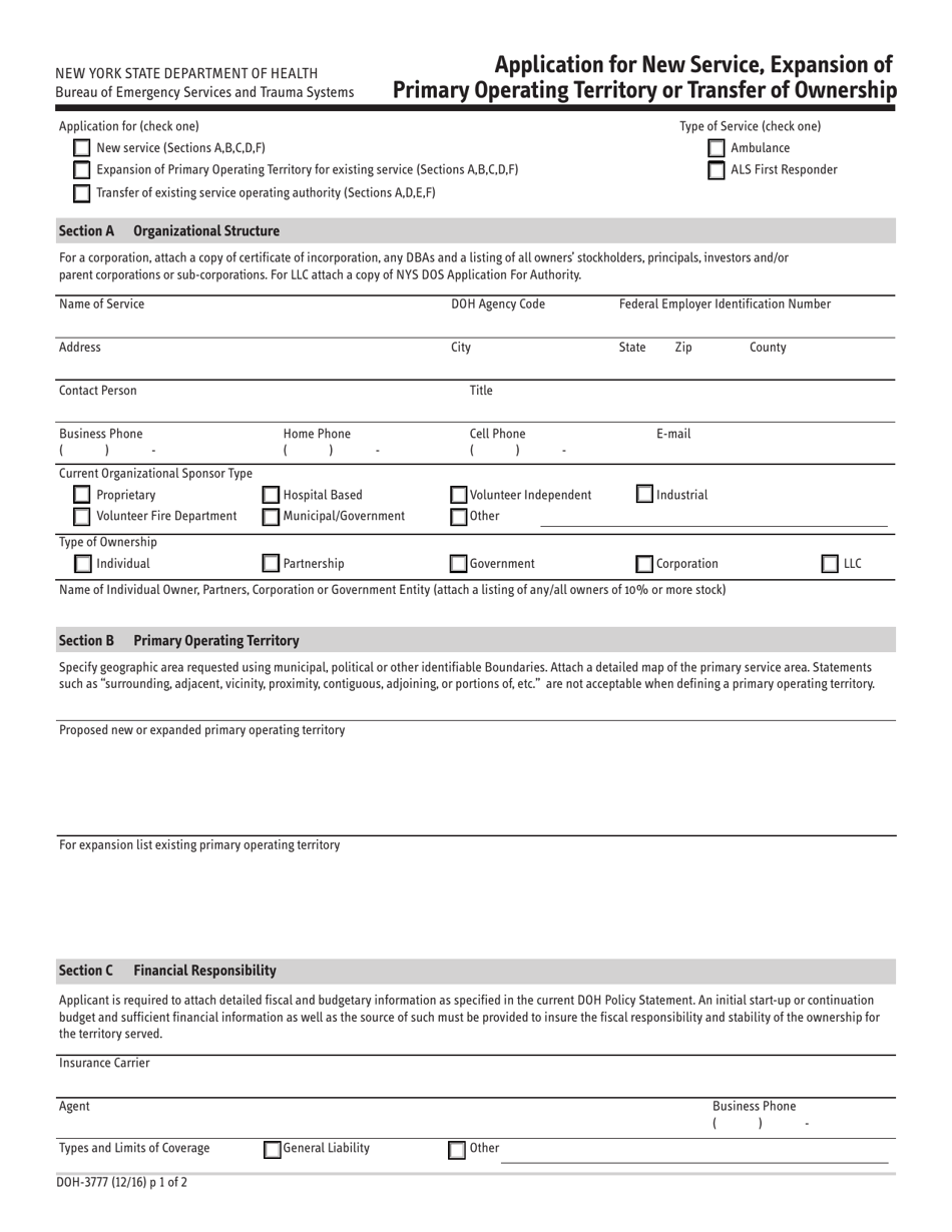 Form DOH-3777 Application for New Service, Expansion of Primary Operating Territory or Transfer of Ownership - New York, Page 1