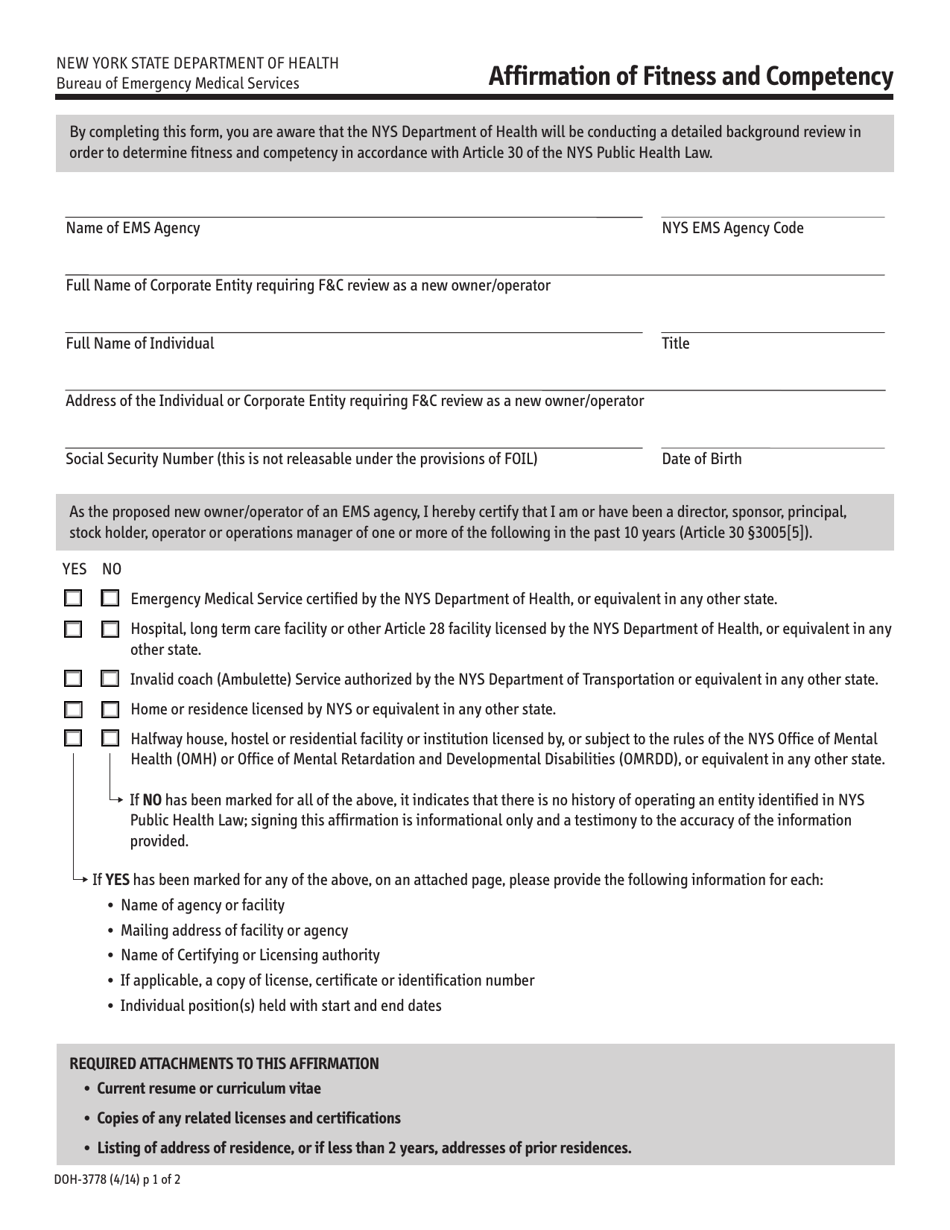 Form DOH-3778 Affirmation of Fitness and Competency - New York, Page 1