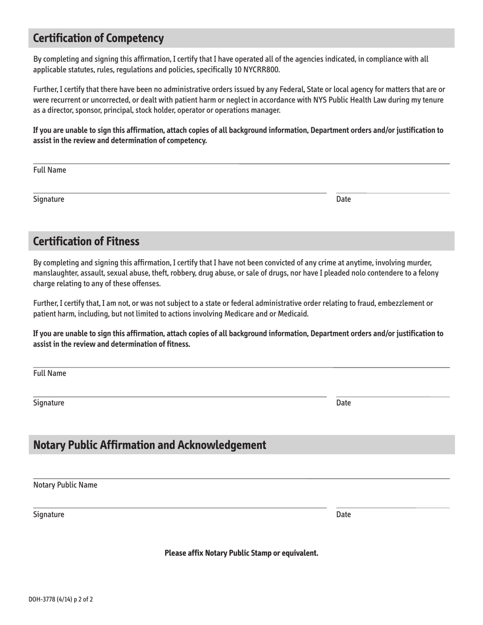 Form DOH-3778 Affirmation of Fitness and Competency - New York, Page 2