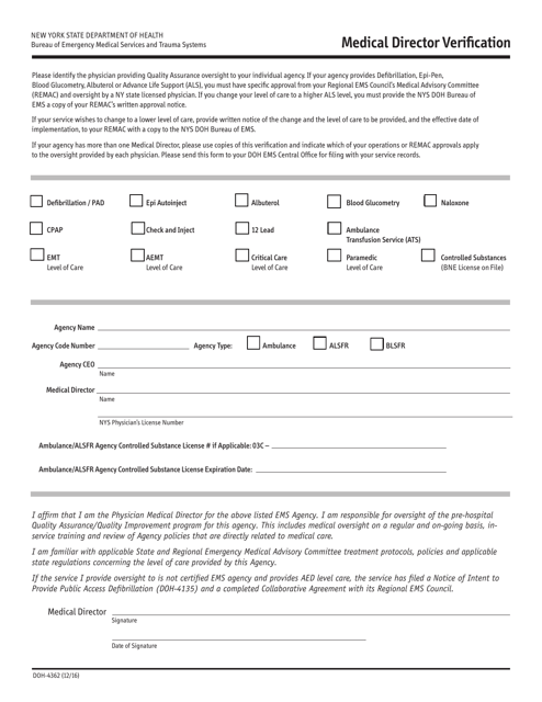 Form DOH-4362 Medical Director Verification - New York