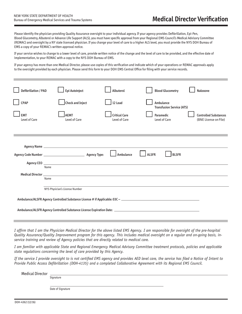Form DOH-4362 Medical Director Verification - New York, Page 1