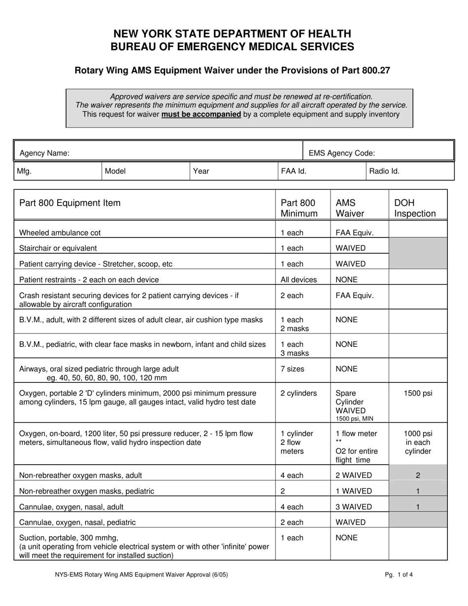 New York Rotary Wing Ams Equipment Waiver Under the Provisions of Part