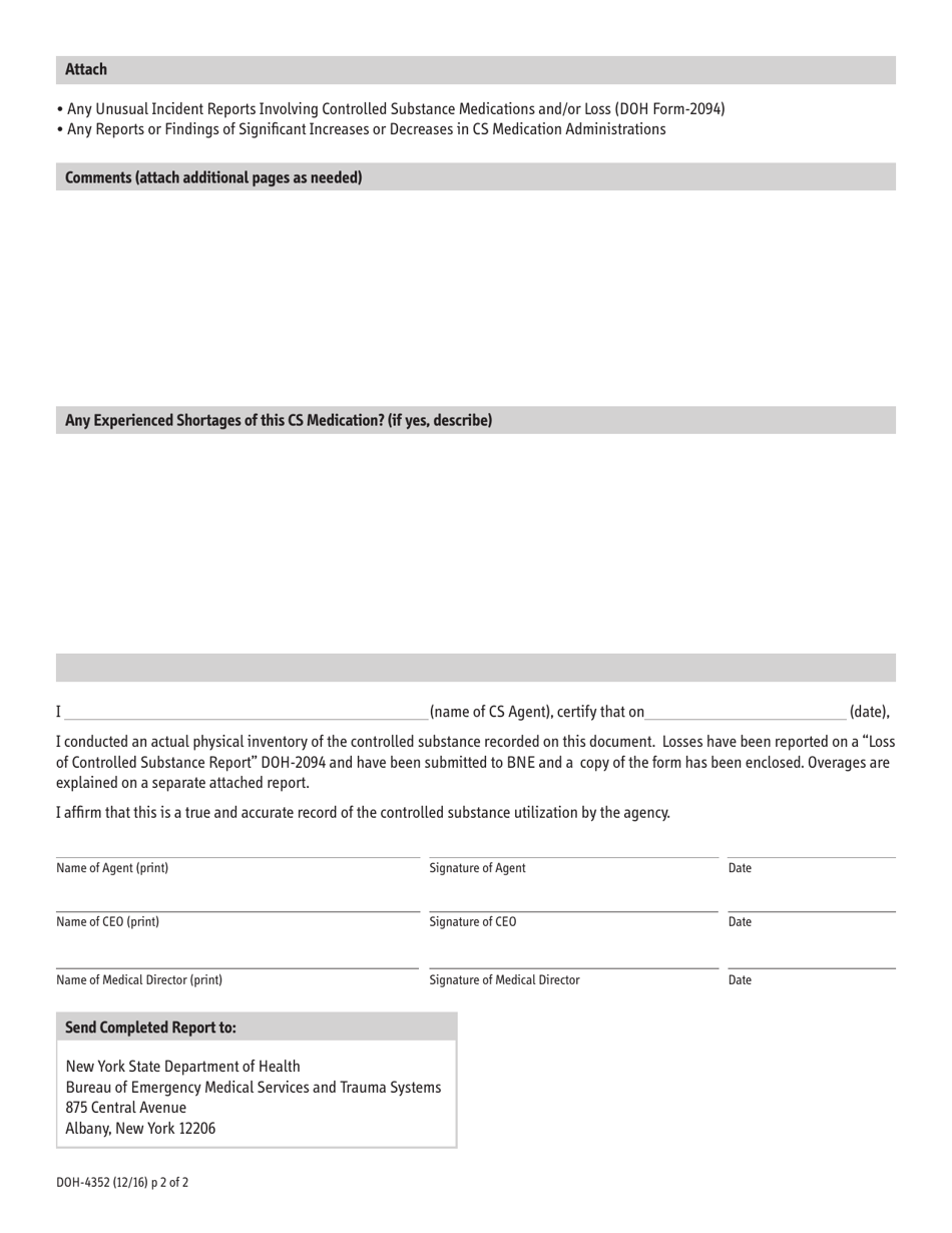 Form DOH-4352 Controlled Substance Report for Emergency Medical Services Agencies - New York, Page 2