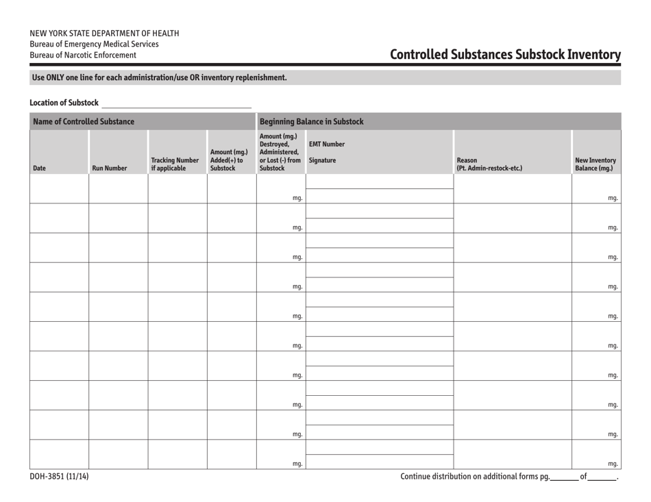 Form DOH-3851 Controlled Substances Substock Inventory - New York, Page 1