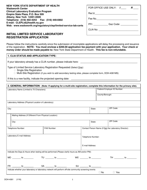 Form DOH-4081 Initial Limited Service Laboratory Registration Application - New York