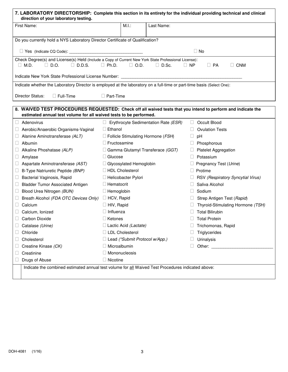 Form DOH-4081 Initial Limited Service Laboratory Registration Application - New York, Page 3