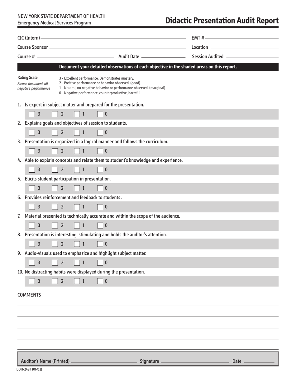 Form DOH-2424 Didactic Presentation Audit Report - New York, Page 1