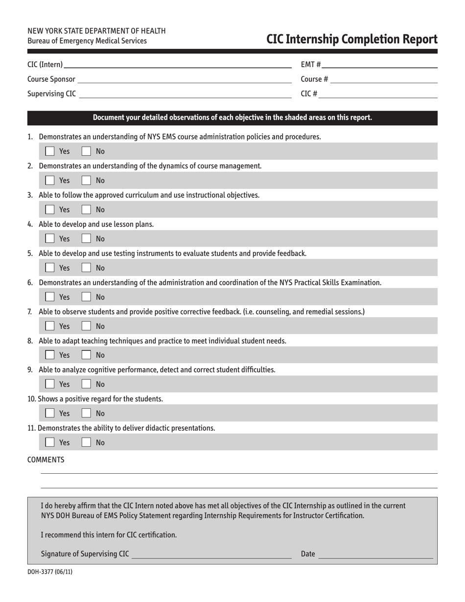 Form DOH-3377 Cic Internship Completion Report - New York, Page 1