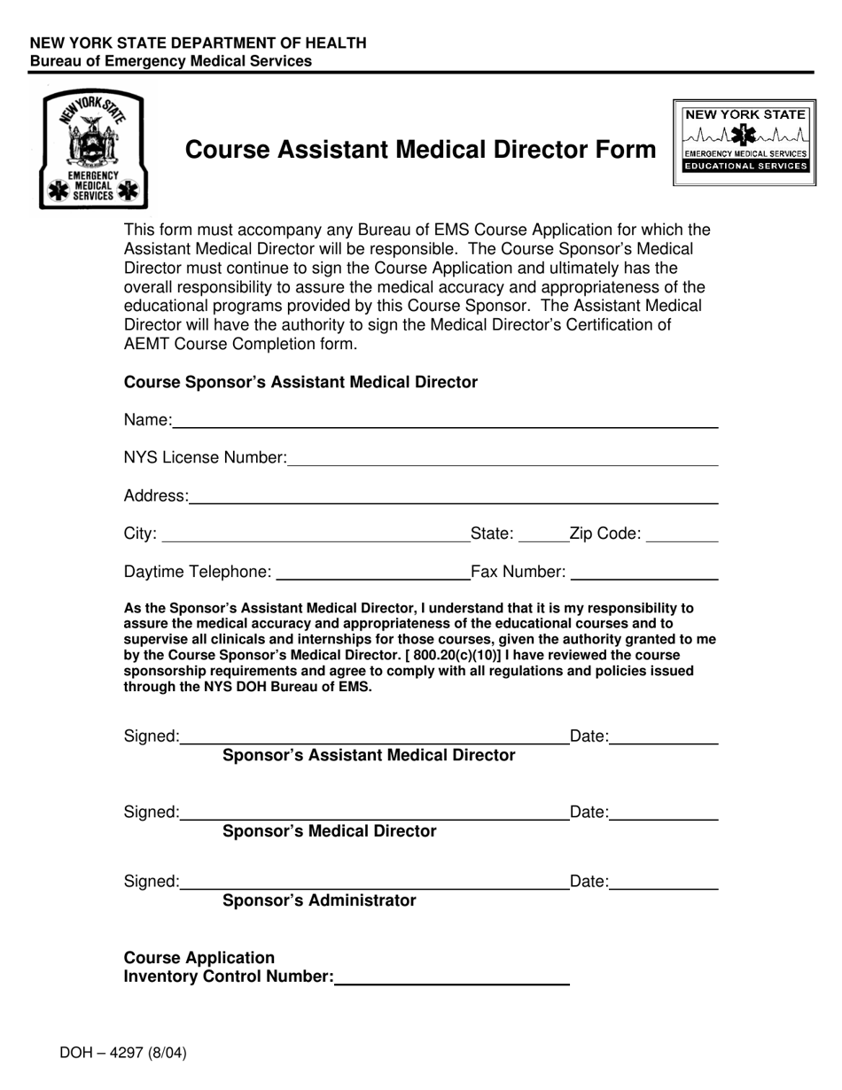 Form DOH-4297 Course Assistant Medical Director Form - New York, Page 1