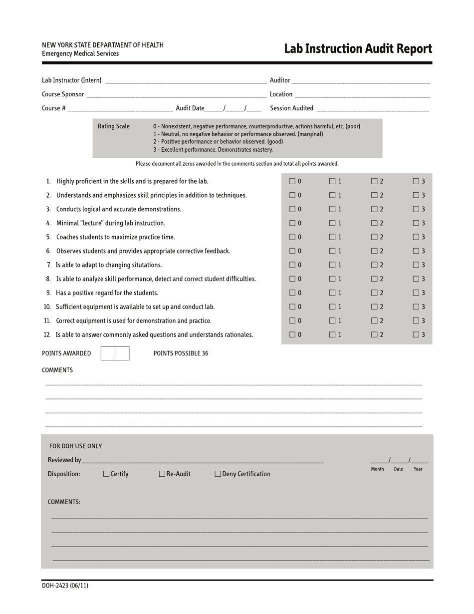 Form DOH-2423 Lab Instructor Audit Report - New York, Page 1