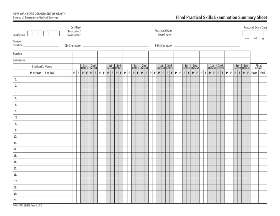 Form DOH-2733 Final Practical Skills Examination Summary Sheet - New York, Page 1