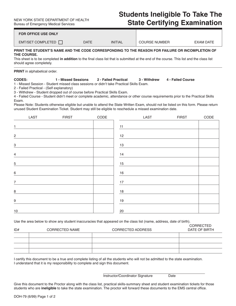 Form DOH-79 Students Ineligible to Take the State Certifying Examination - New York, Page 1